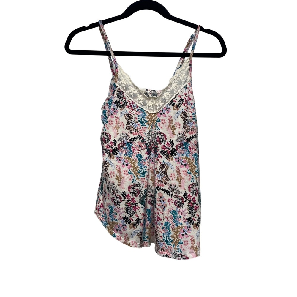 Floral Lace Trim Cami Top White Pink Blue Rayon Linen Blend Medium Boho Cottage